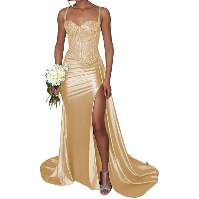 Vestido de noche sexy dividido de satén Vestido largo de tubo transfronterizo europeo y americano con cintura de espina de pescado Vestido delgado Falda larga image 17