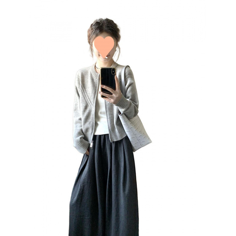 小个子针织开衫灰色毛衣外套女初秋季2025新款百搭慵懒风拉链上衣|undefined