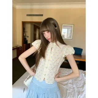 中式立领盘扣短袖衬衫女夏季新款复古提花小衫修身上衣