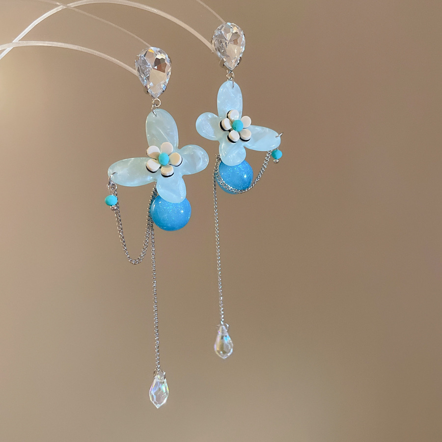 Pendientes de borla de cuentas de arroz de flor de gasa de aguja de plata Pendientes de todo fósforo de estilo de vacaciones Pendientes frescos y dulces para mujer