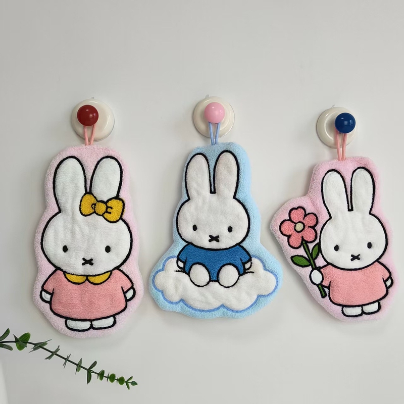 New Miffy Rabbit Coral Fleece Hand Towel, Hangable, Absorbent, Soft, Non-Smelly, for Kitchen and Bathroom Use