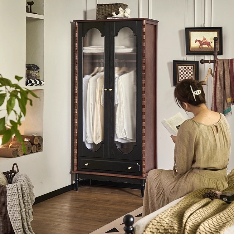 French Solid Wood Wardrobe Household Small Apartment Wall Storage Two-Door Wardrobe Bedroom Retro Multi-Functional Storage Cabinet