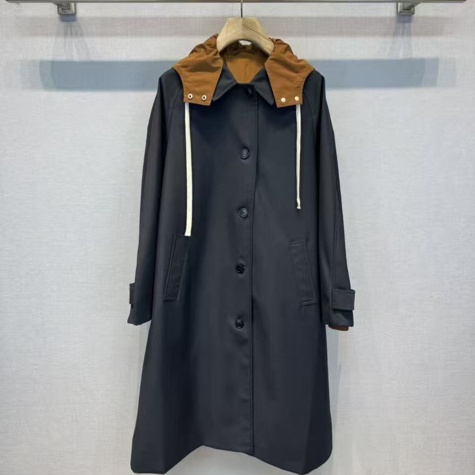 Nanyou Women's m Home 25 Autumn New Fake Two-Piece Contrast Color Patchwork Drawstring Hooded Jacket Long Windbreaker Women's