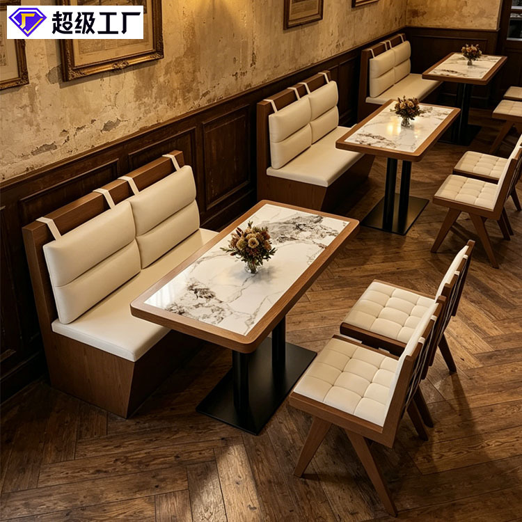 Cadenas de tiendas de restaurantes de tarjeta de asiento cafetería de comidas de comida ligera sofá mesas y sillas restaurantes comerciales de madera maciza tabla de comedor