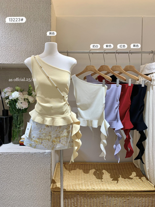 バレエ風フリルリボン斜め襟ワンショルダーサスペンダーノースリーブオフショルダーセータープリーツウエストセーター|undefined