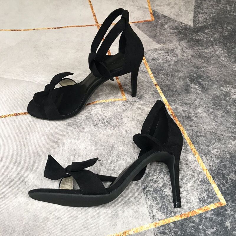 Black and White Off-Size Sandals with Bow Straps, Ultra-High Heels, Sexy Stiletto Heels, Black Nightclub Workers