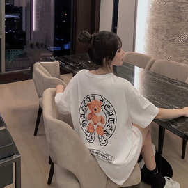 小熊印花短袖T恤女休闲圆领小众韩版宽松慵懒原宿中长款潮流上衣
