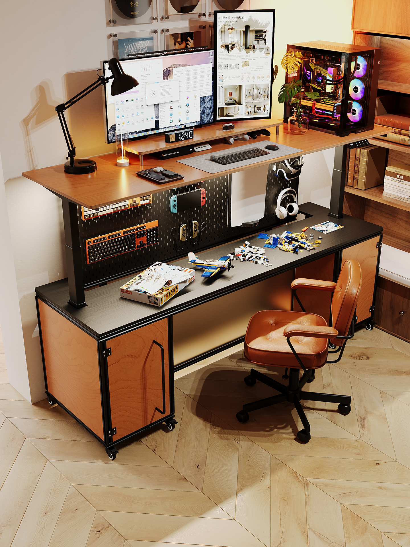 ♔ Aluminum Profile Electric Lifting Computer Desk, Study Desk, Movable Double-Layer Gaming Desk, Live Streaming Work Desk