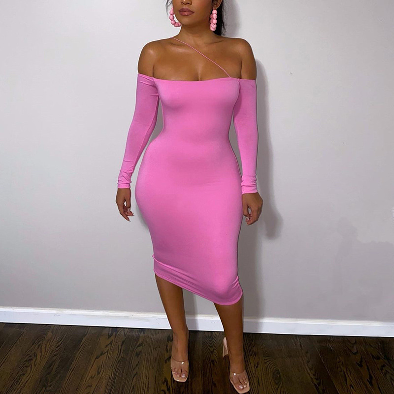 Ropa de mujer europea y americana transfronteriza 2021 otoño nueva correa de hombro sin cuello manga larga SLIM-Fit vaina sexy vestido de mujer image 3