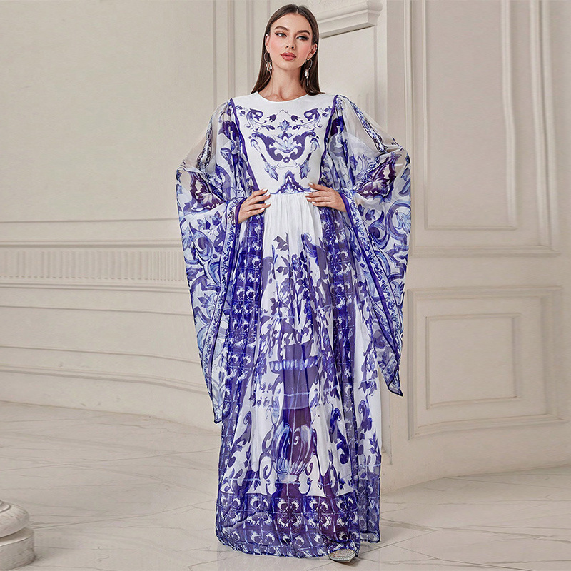 KY244 European and American Cross-border Ethnic Retro dress Amazon Crewneck Trumpet Long Sleeve Printed Chiffon Bridesmaid Dress KY244 European and American Cross-border Ethnic Retro dress Amazon Crewneck Trumpet Long Sleeve Printed Chiffon Bridesmaid Dress