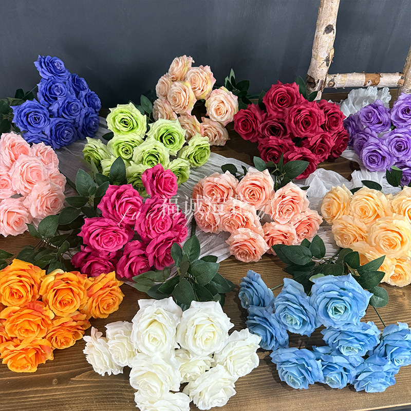 Bouquet of 9 Artificial Roses for Home Decoration, Rose Waterfall, Rose Wall, Cross-Border Supply of Fake Flowers