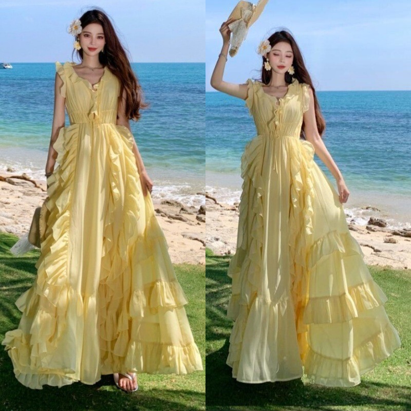 Sunset Weave Heavy Industry Irregular Ruffled Swing Waist Dress 2025 New French Fairy Vacation Long Dress Sunset Weave Heavy Industry Irregular Ruffled Swing Waist Dress 2025 New French Fairy Vacation Long Dress