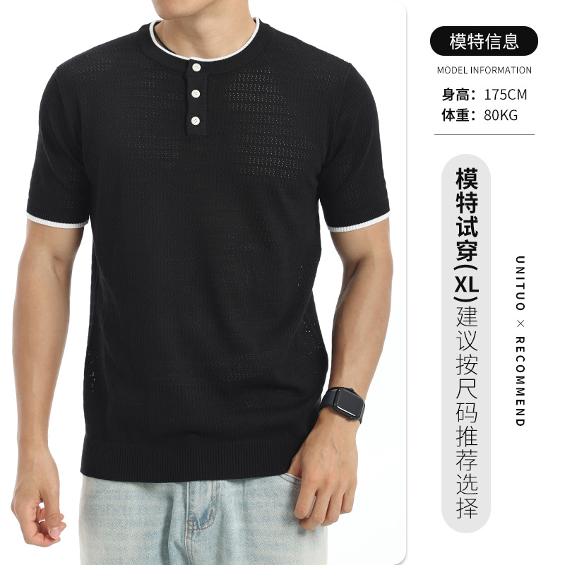 Hombres europeos y americanos huecos Henry cuello camiseta de punto de manga corta verano de negocios casuales transpirables de alto nivel de sensación de blusa versátil