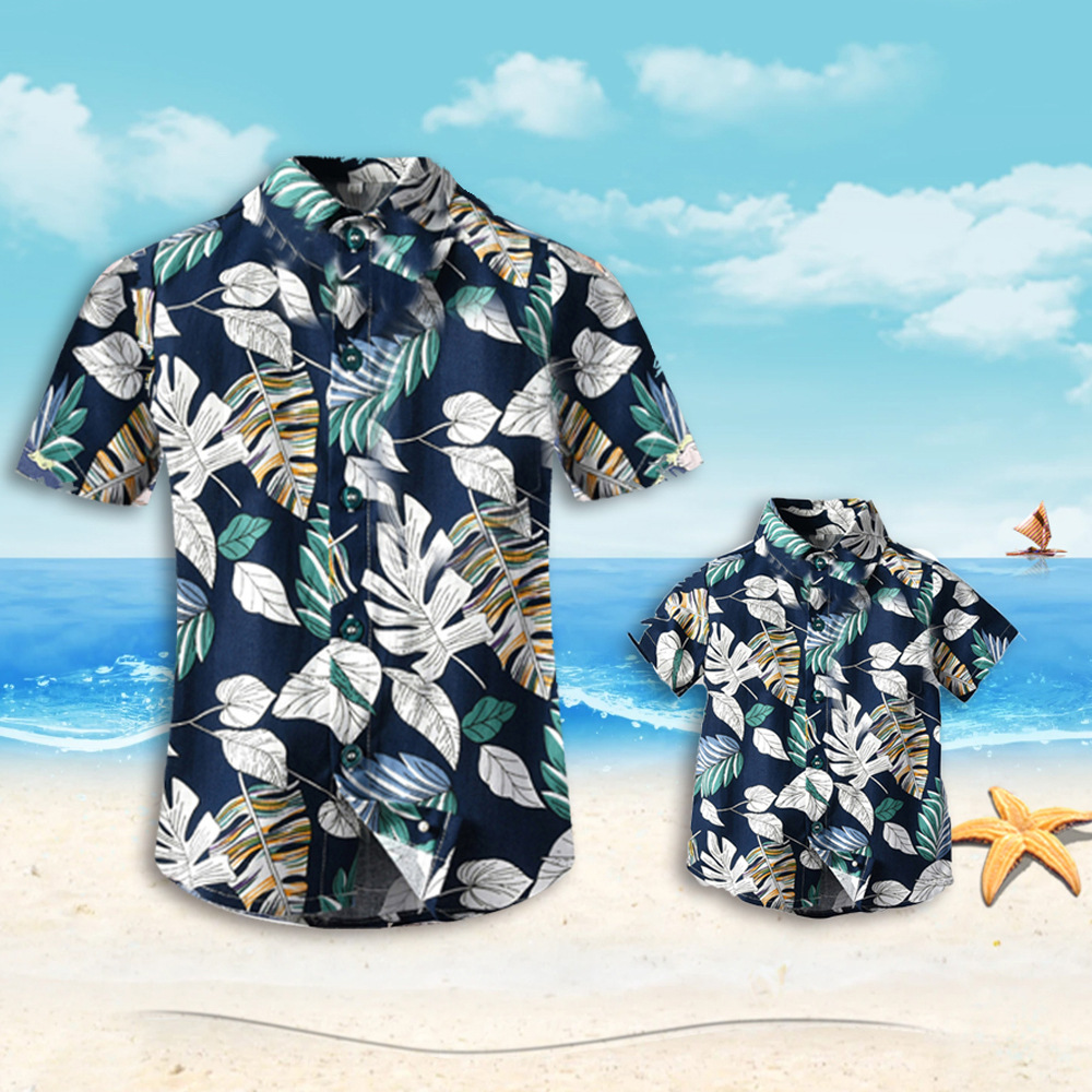 Ropa de verano para padres e hijos, estilo de vacaciones, solapa de manga corta, camisa fina informal, comercio exterior, ropa familiar hawaiana al por mayor