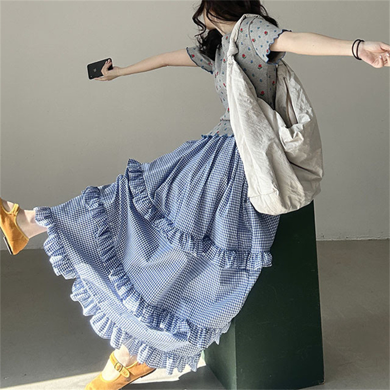 Dongdaemun Ins Early Spring Retro Fresh Pastoral Style Elastic Waist Ruffled Tiered Cake Skirt Long Skirt for Women
