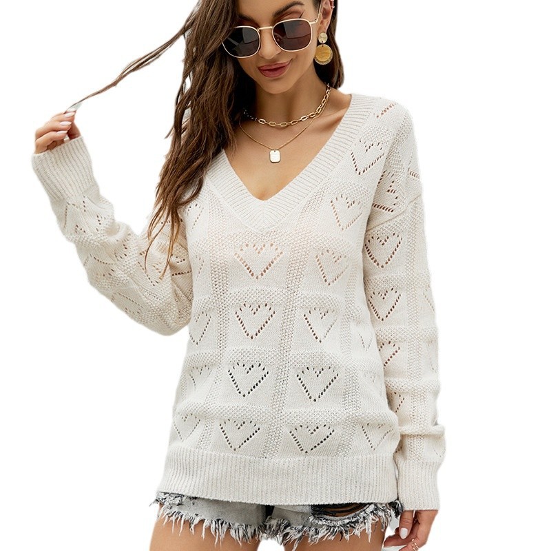 Cross-border women's autumn love hollow long-sleeved sweater solid color V-neck top versatile loose pullover sweater for women