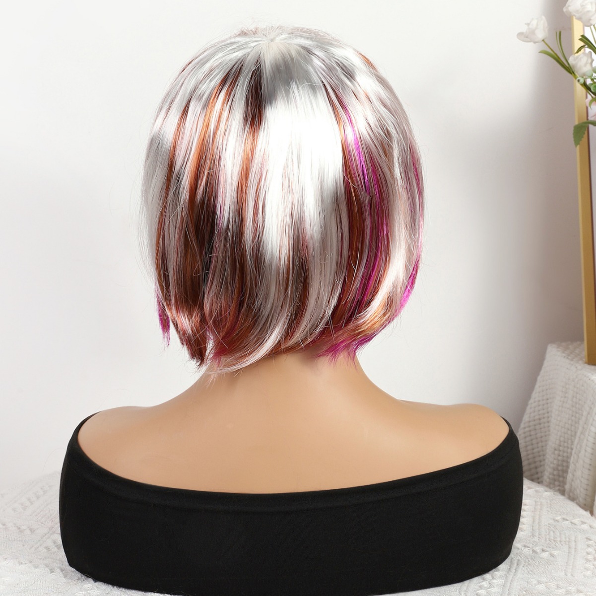 Transfronterizo nuevo color marrón plateado mezcla gradiente largo recto 12 pulgadas sin encaje pelo recto europeo y americano peluca brasileña