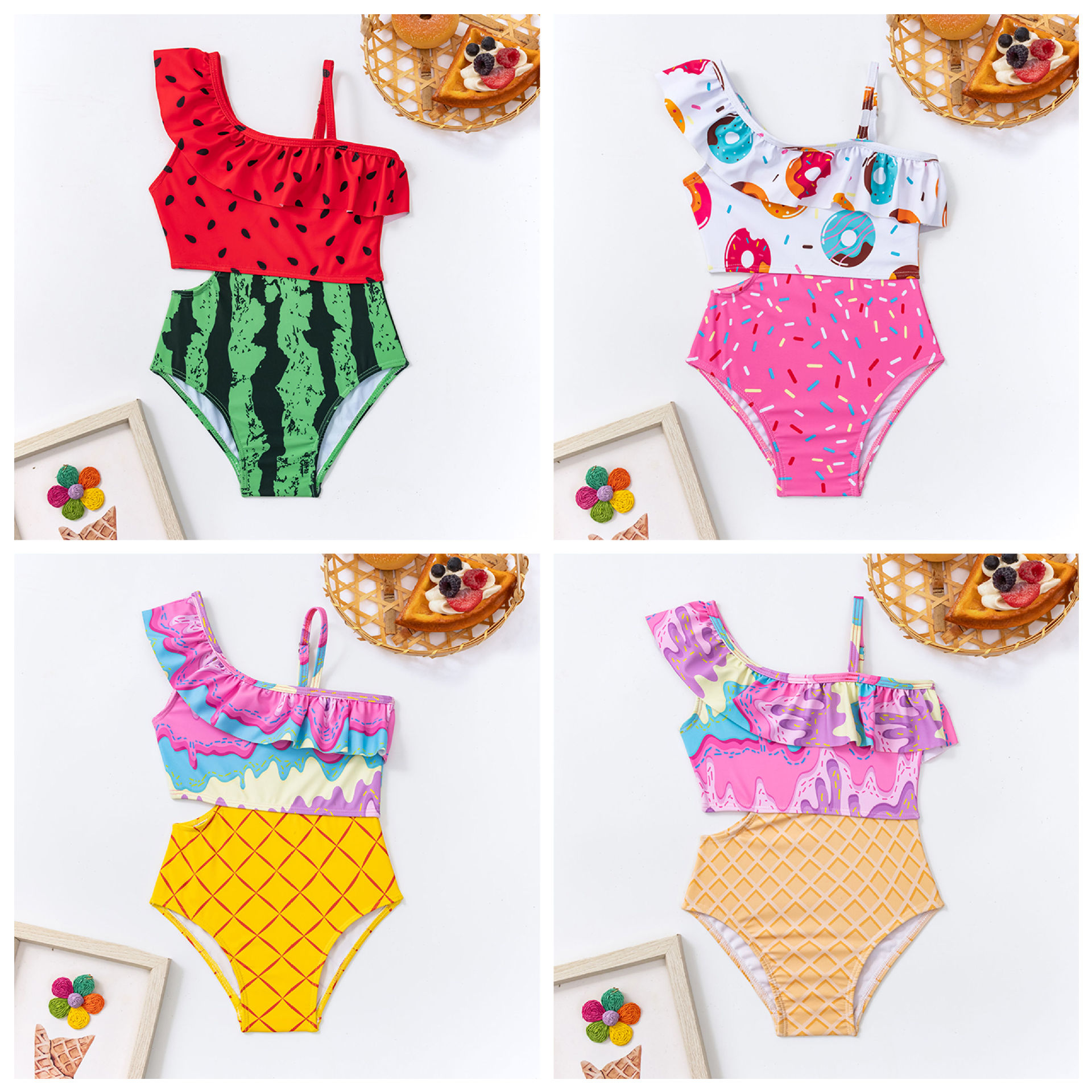 Custom-made cross-border girls' one-piece swimsuit, one-shoulder strap swimsuit, girls' beachwear, hot spring swimsuit customization