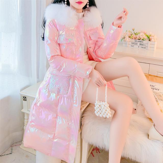 免洗亮片亮面棉服女中长款冬新款收腰加厚大毛领连帽棉衣外套