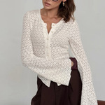 圆领蕾丝针织开衫女2026春季通勤气质百搭长袖修身显瘦喇叭袖衬衣