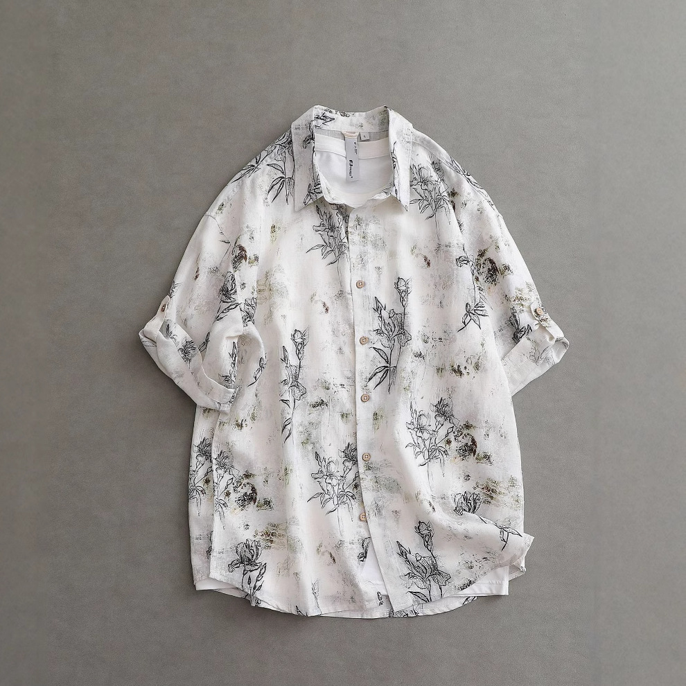 Men's 2025 Summer New Linen Printed Short-sleeved Shirt Casual Loose Men's Linen Half-sleeved Shirt 2001