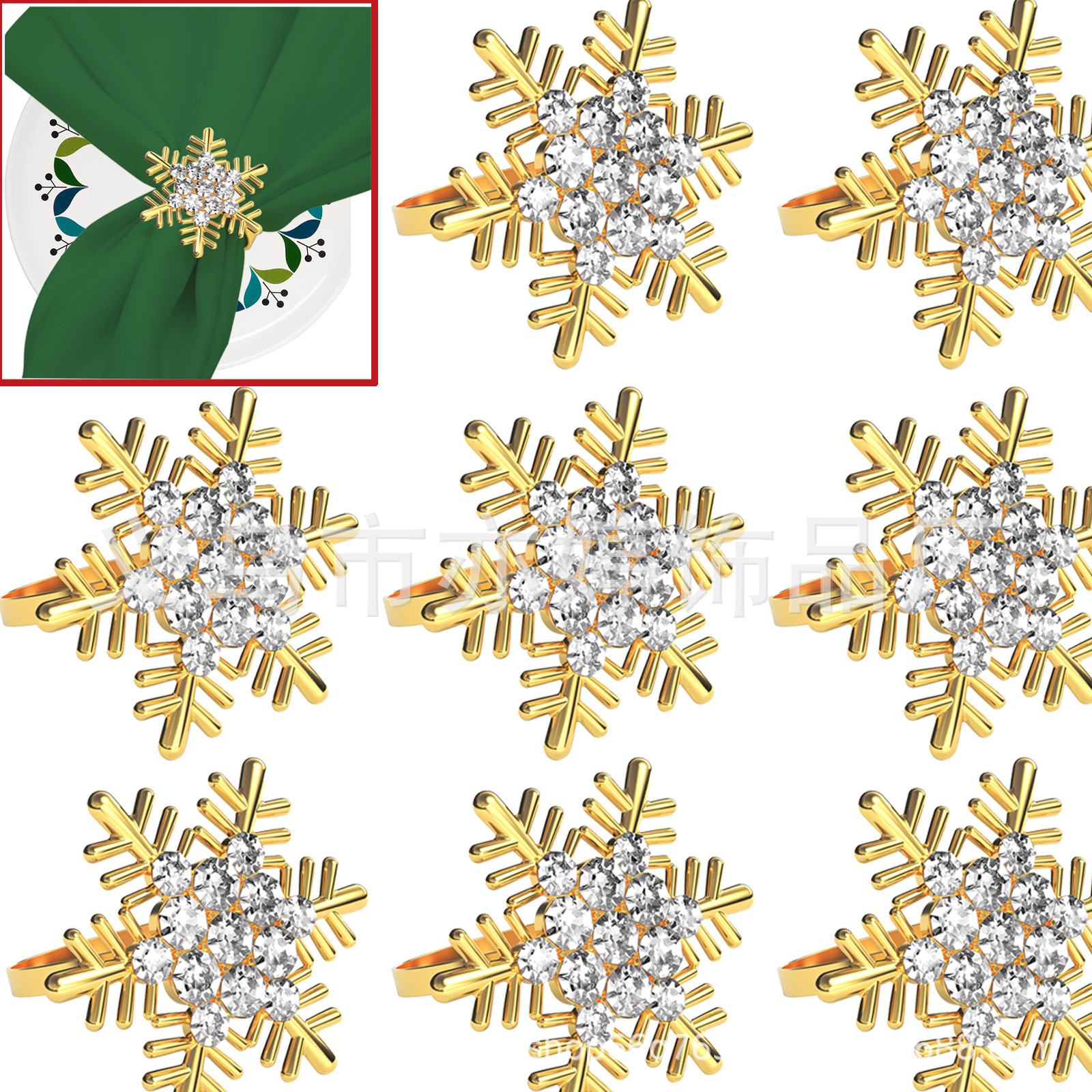 Venta directa de fábrica de Navidad aleación electrochapada copo de nieve servilleta anillo metal Navidad ciervos servilleta hebilla