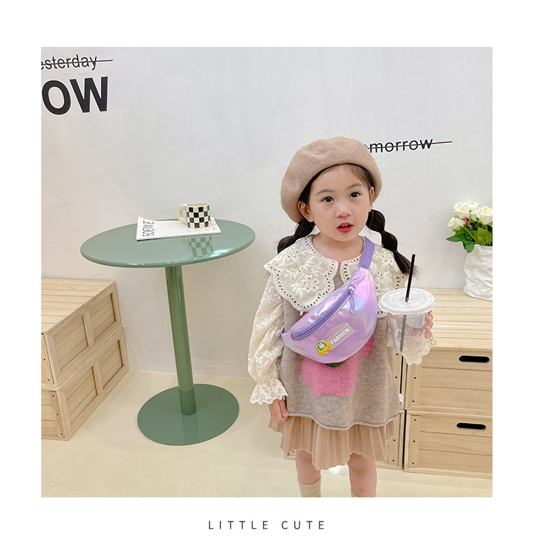2023 New fashionable and trendy portable laser PU leather children's waist bag, crossbody small bag, sports laser chest waist bag full figure
