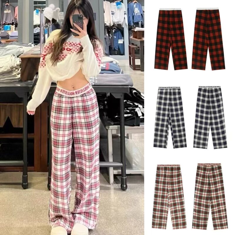 Holli*Ster American Retro Style Small Seagull Plaid Letter Tape Casual Versatile Long Pants Pajama Pants Plaid Pants Holli*Ster American Retro Style Small Seagull Plaid Letter Tape Casual Versatile Long Pants Pajama Pants Plaid Pants