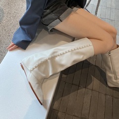 2025 秋冬新ファッション韓国ズボンブーツニーハイブーツスクエアトゥウェッジハイヒールパールブーツ