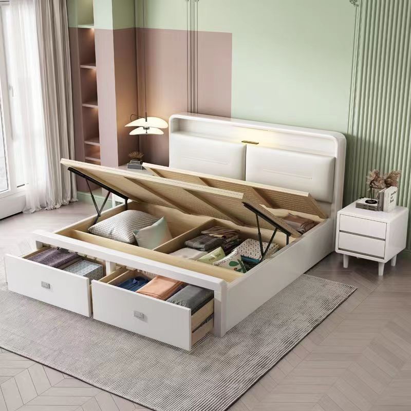 新款床头充电实木床家用白色北欧高箱储物实木床落地床卧室带抽屉