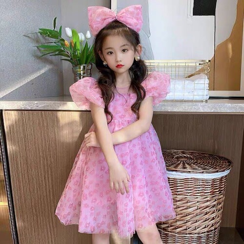 Girls' Summer Dress 2024 New Sweet and Trendy Net Princess Dress for Little Girls with Bubble Sleeves and Floral Print