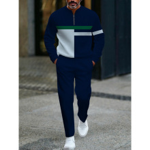 外贸欧美亚马逊新款半开门襟拉链套头休闲时尚男士长袖长裤套装