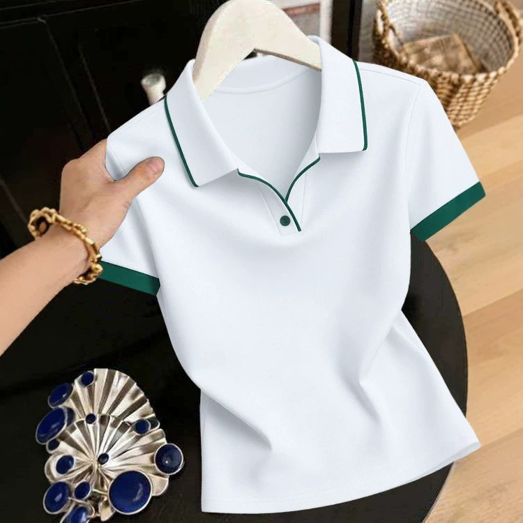 High-Quality Color-Blocked Short-Sleeve T-Shirt for Women, Summer 2026 New Fashion Polo Shirt, Slim-Fit Stylish Top