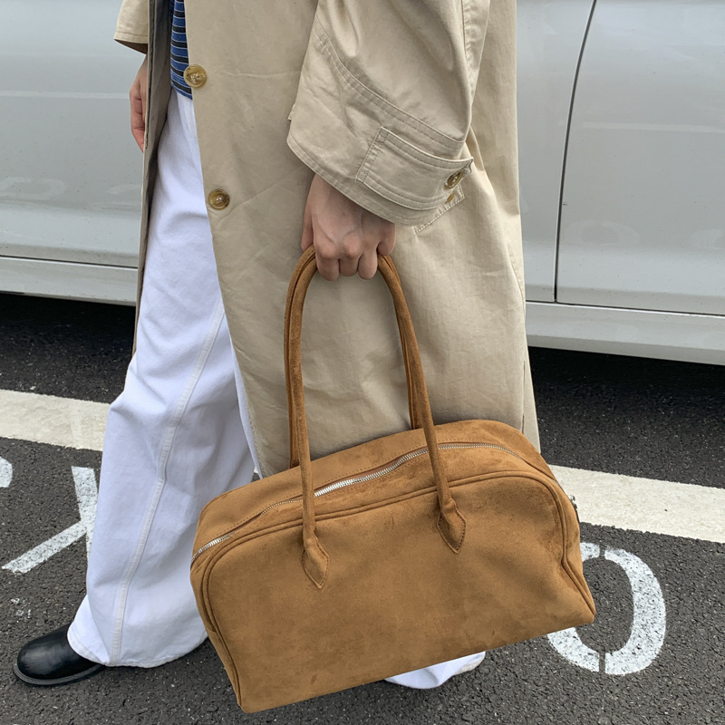 麂皮绒磨砂复古波士顿包包女2025新款秋冬大容量通勤托特包手提包|undefined