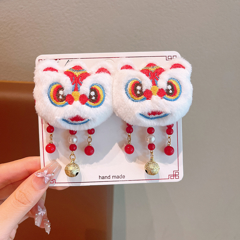 2025 Año Nuevo de peluche despierta león clips de Año Nuevo niñas clips de cabello bebé estilo chino Hanfu clips de cabello adornamiento