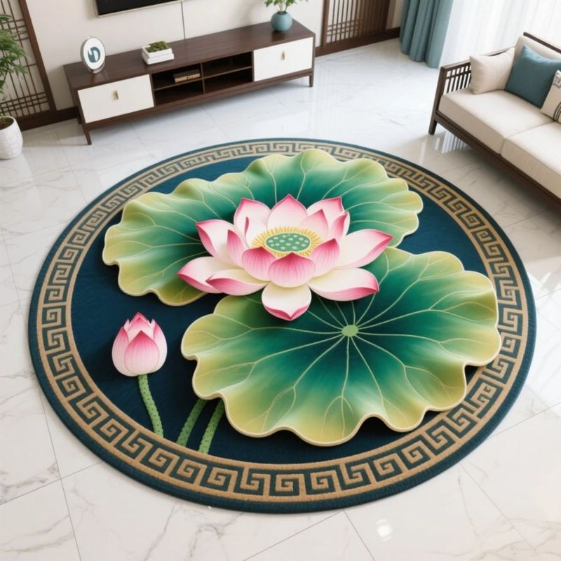 地毯莲花跪拜跪垫圆形立体满铺水晶中式荷花卧室地垫古典客厅家用|undefined