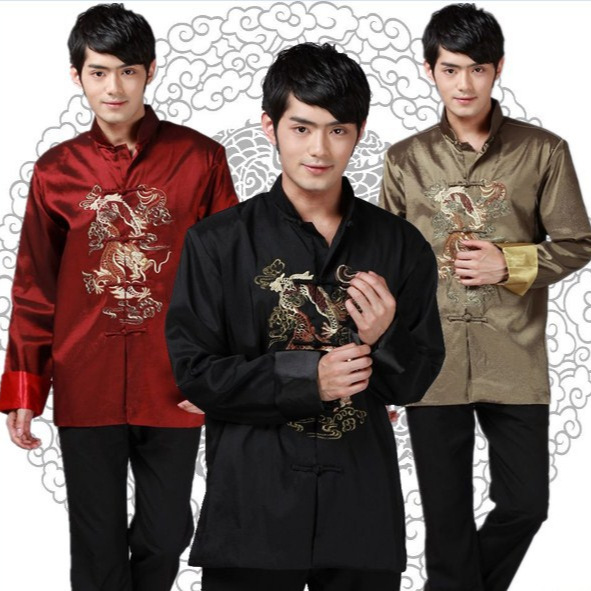 男士绣龙唐装男长袖外套中国风丝绸男装上衣喜庆司仪舞台表演迎宾