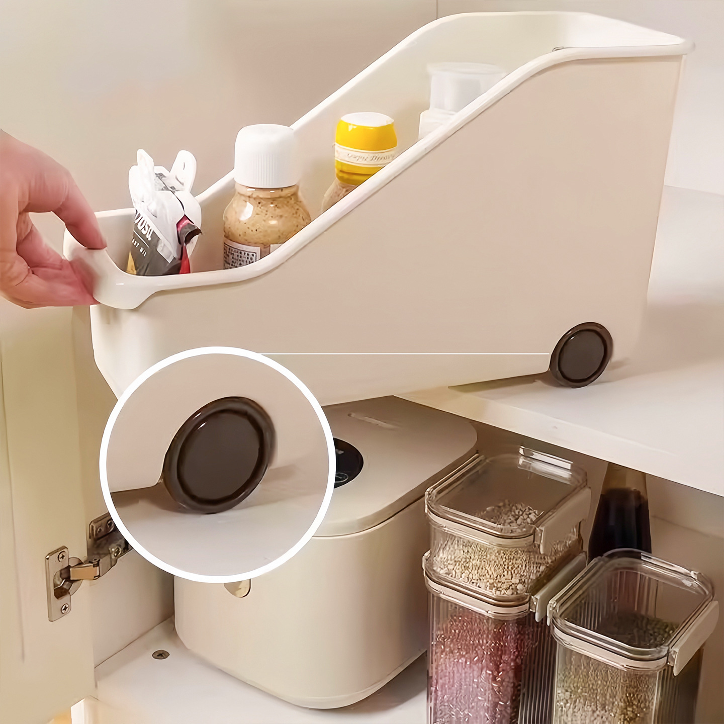 Kitchen Cabinet Pot Lid Rack Vertical Seasoning Pot Storage Box with Pulley Wok Storage Storage Pot Rack