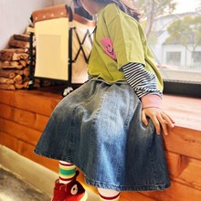 23SS 新款女童日系拼接牛仔半裙 女孩松紧腰中长半裙亲子款现货