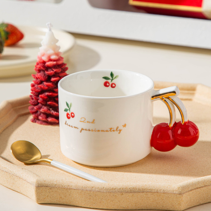 Cute creative cherry ceramic cup Nordic ins high-looking gold handle mug home design water cup gift