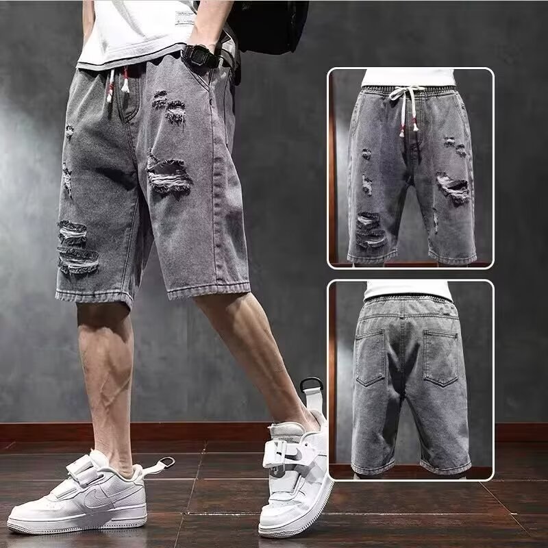Pantalones cortos de mezclilla rasgados retro americano de moda para hombres, pantalones rectos sueltos de la calle de nicho delgado de verano