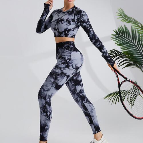 Tie-dye yoga long-sleeved suit, high-waist hip-lifting tie-dye yoga pants for women, sportswear, running fitness wear, yoga wear