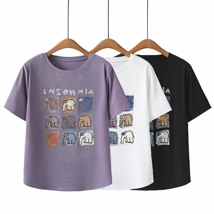 Большой размер женская рубашка с короткими рукавами 200 кг толстая MM летняя повседневная дикая мультяшная футболка с круглым вырезом и короткими рукавами 657