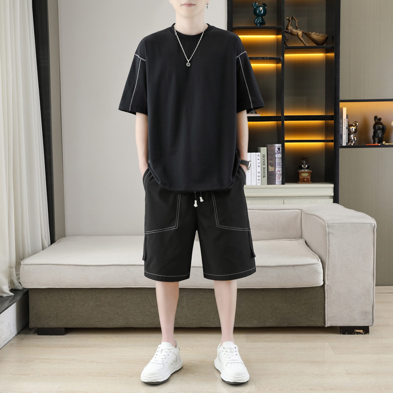 Hombres de verano nuevo color sólido simple pantalones cortos de manga corta dos piezas casuales sueltos y versátiles set de tamaño grande