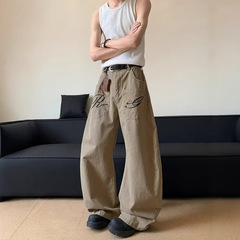 复古反口袋设计刺绣字母牛仔裤2025夏季新款弯刀廓形女宽松拖地裤
