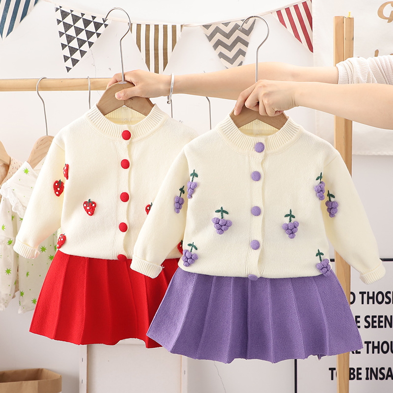 New Autumn Knitted Set Girl's Cute Hooked Flower Woolen Dress Warm cardigan pleated skirt_voghion.com