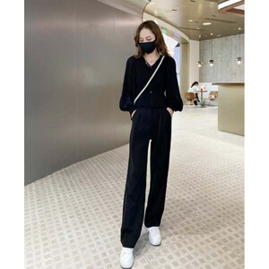 早秋冬女神范网红时尚泡泡袖针织衫阔腿裤套装女夏洋气休闲两件套