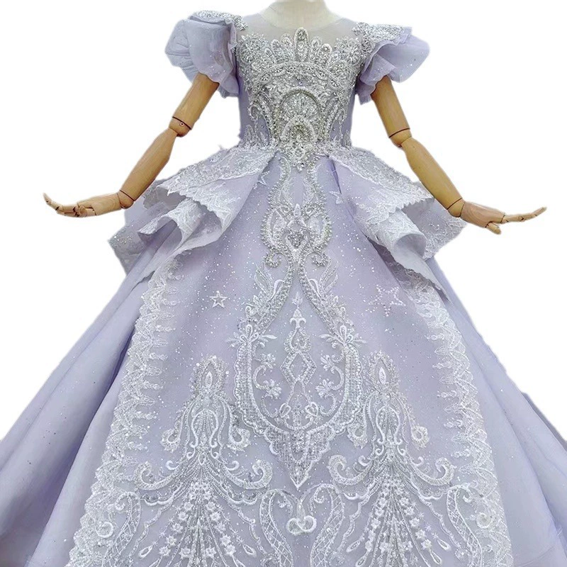 Фиолетовый детский свадебный наряд с бантом, вечернее платье, puff sleeves