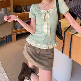 韩系绿色假两件短袖T恤女2026夏季文艺清新蝴蝶结设计感小上衣