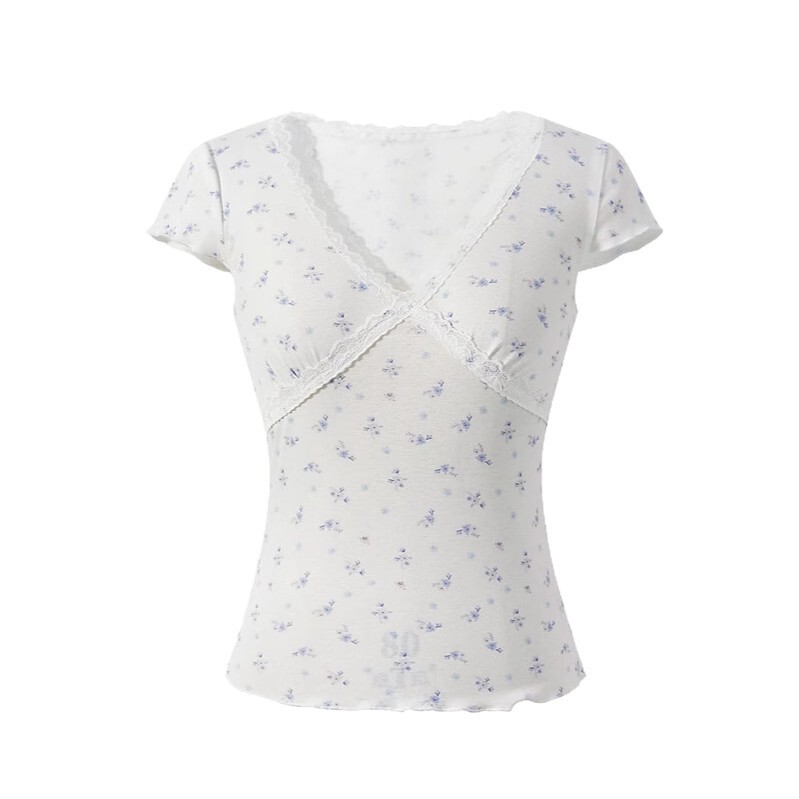 [Sweetheart] Floral V-Neck Lace Short-Sleeved T-Shirt for Women in Summer Pure Desire Slimming Look Printed Short Top